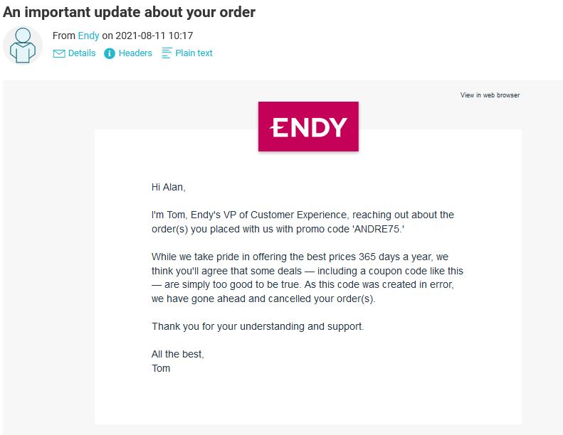 Endy Pillow And Mattress Mysterious Coupon Code Error PR Backlash Alan Yu